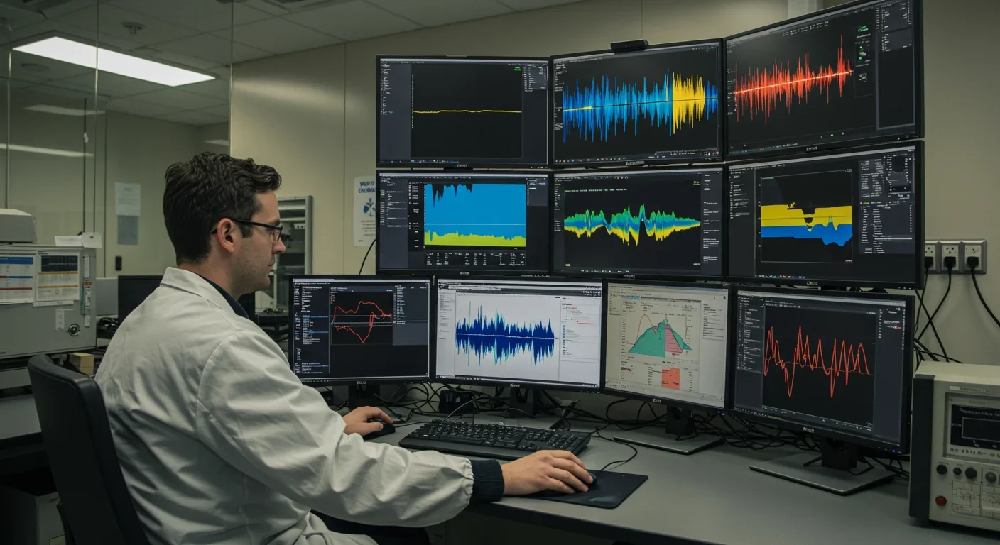 Researcher analyzing ocean sound recordings using spectrogram visualization software
