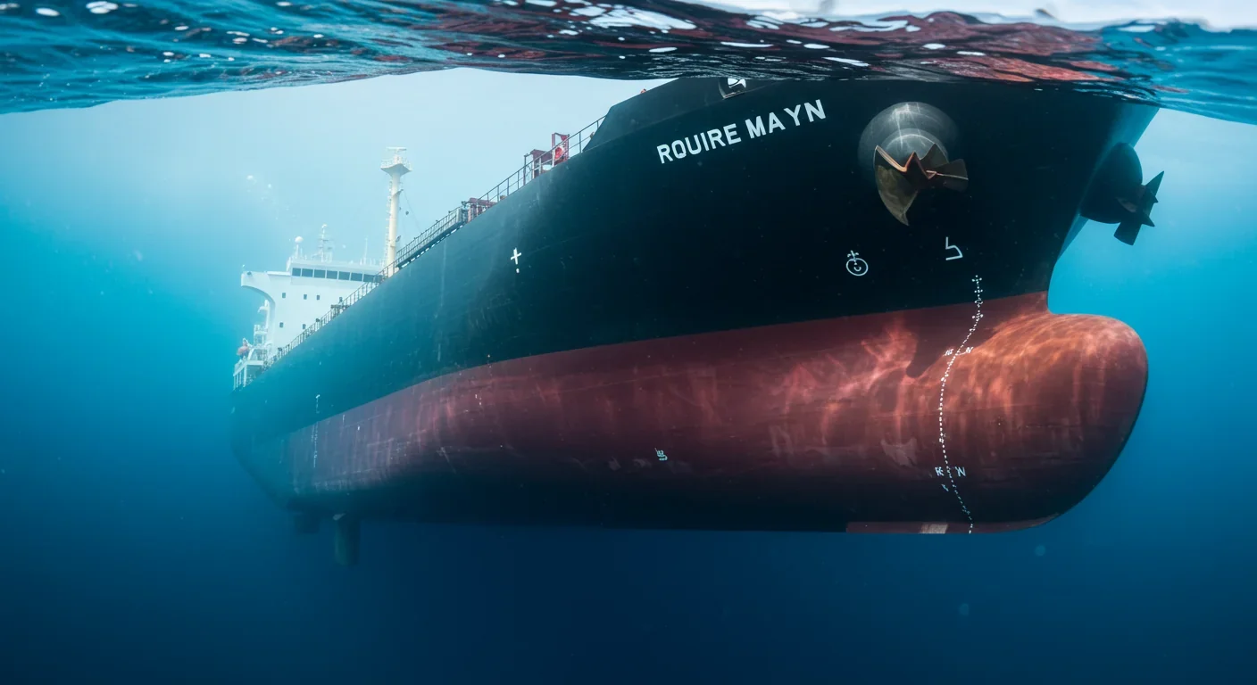 Commercial cargo ship viewed from underwater showing noise-generating propeller