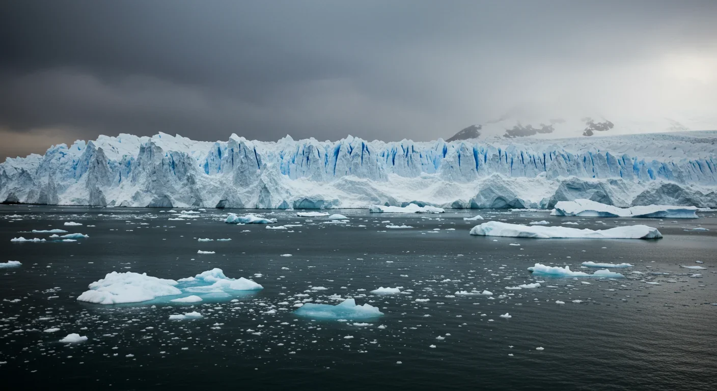 Massive glacier front where ice sheet meets ocean water in Antarctica
