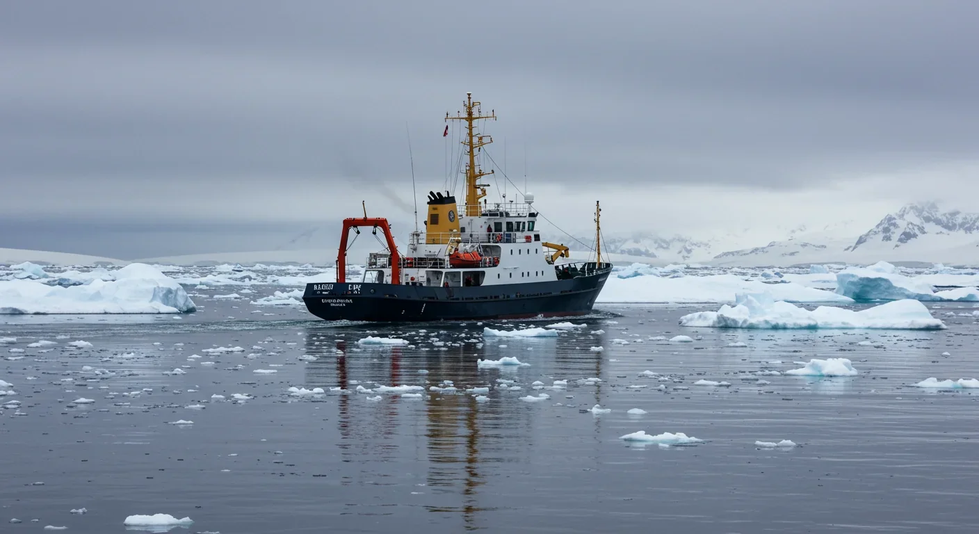 Research vessel navigating through dangerous ice-filled waters near Antarctic glacier