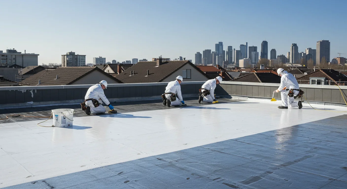 Workers applying white reflective coating to reduce urban heat island effect on city rooftop