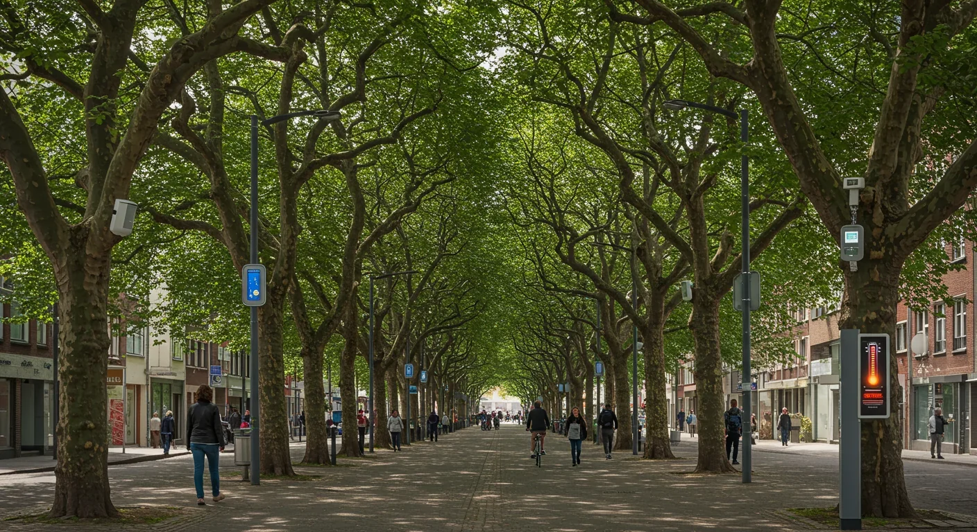 Side-by-side comparison of shaded tree-lined street versus exposed concrete urban block