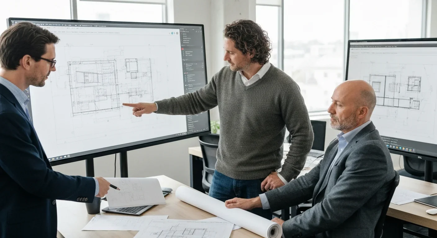 Professional team reviewing Building Information Modeling systems integrating material passport data for sustainable design