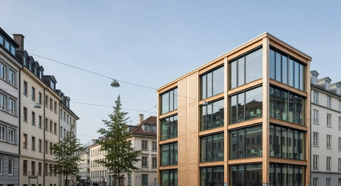 Contemporary European building demonstrating sustainable timber construction and material banking principles
