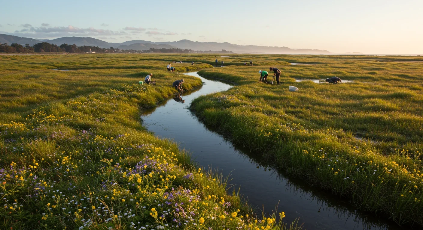 Aerial view of healthy wetland with clear water channels flowing through dense vegetation