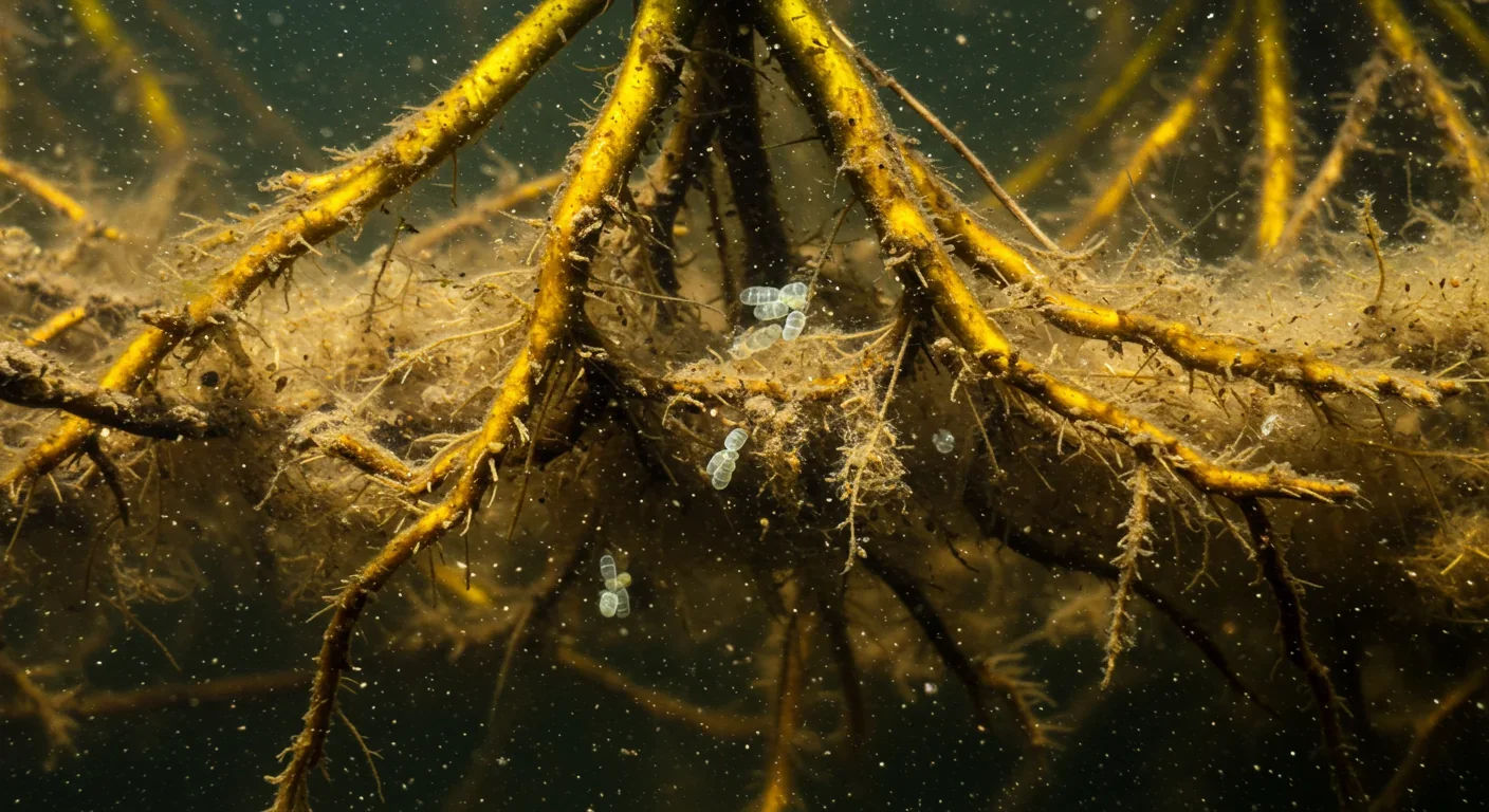 Wetland plant roots with biofilm performing natural water filtration through microbial action