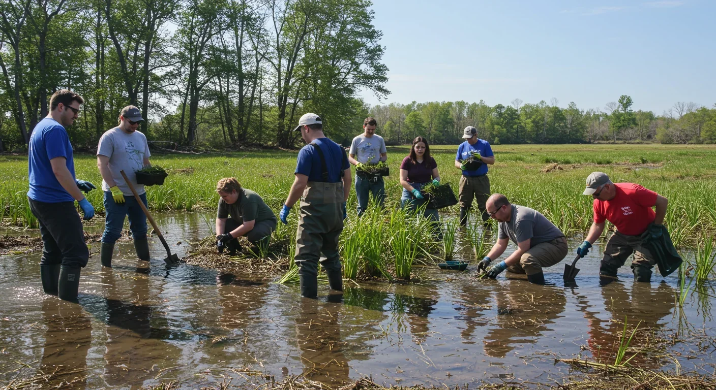 Volunteers planting native vegetation during community-led wetland restoration project
