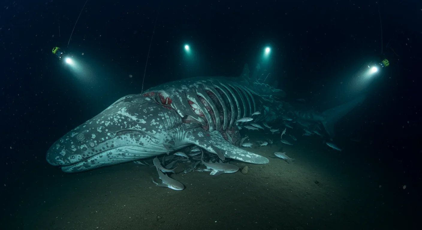 Dead whale carcass on deep ocean floor with scavengers feeding in darkness
