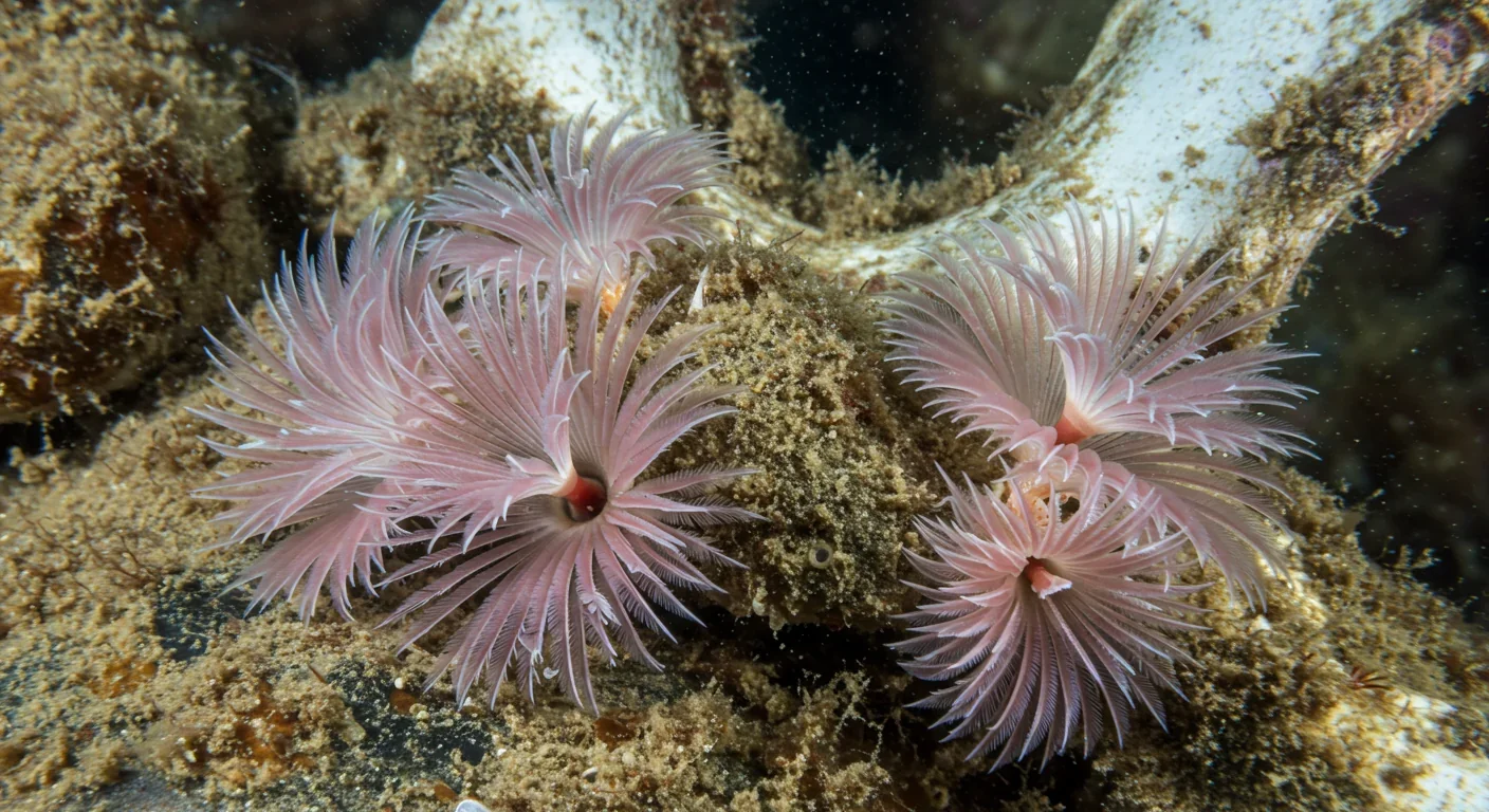 Osedax zombie worms feeding on whale bone with root structures penetrating the skeleton