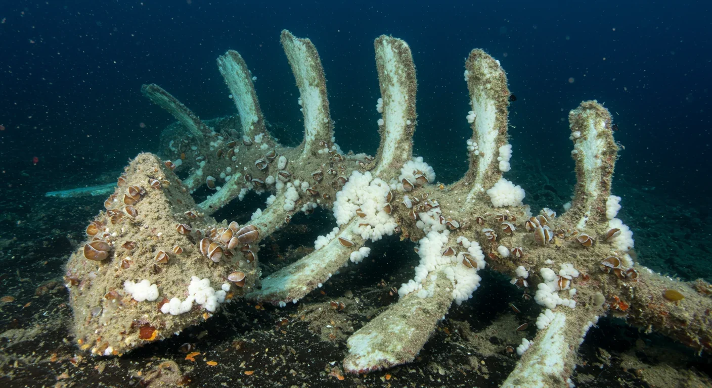 Dense communities of mussels and white bacterial mats covering whale bones on the seafloor