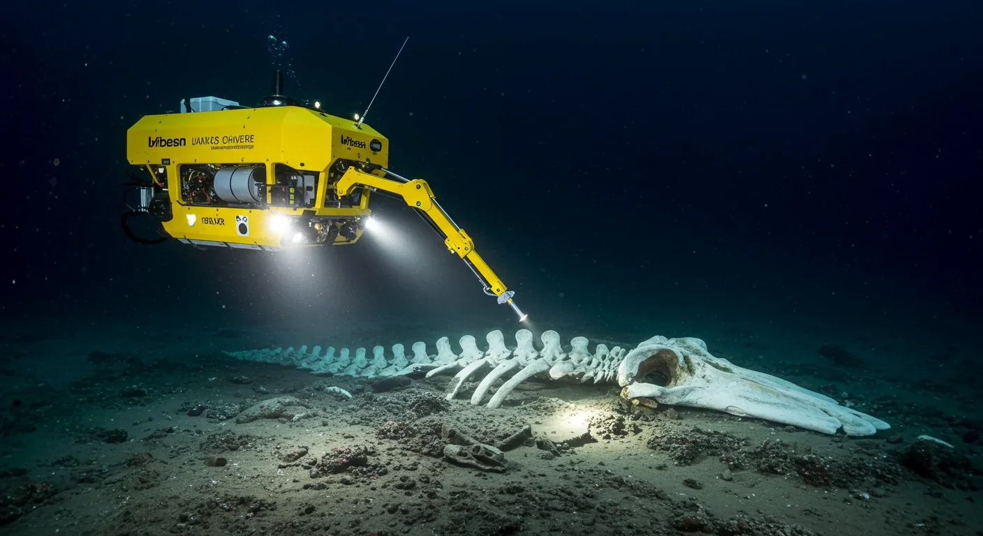 Remote-operated vehicle ROV documenting whale fall skeleton on ocean floor for research