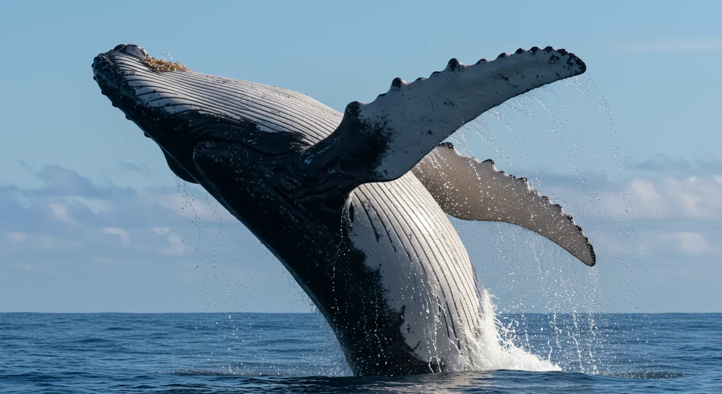 Humpback whale breaching the ocean surface in spectacular display