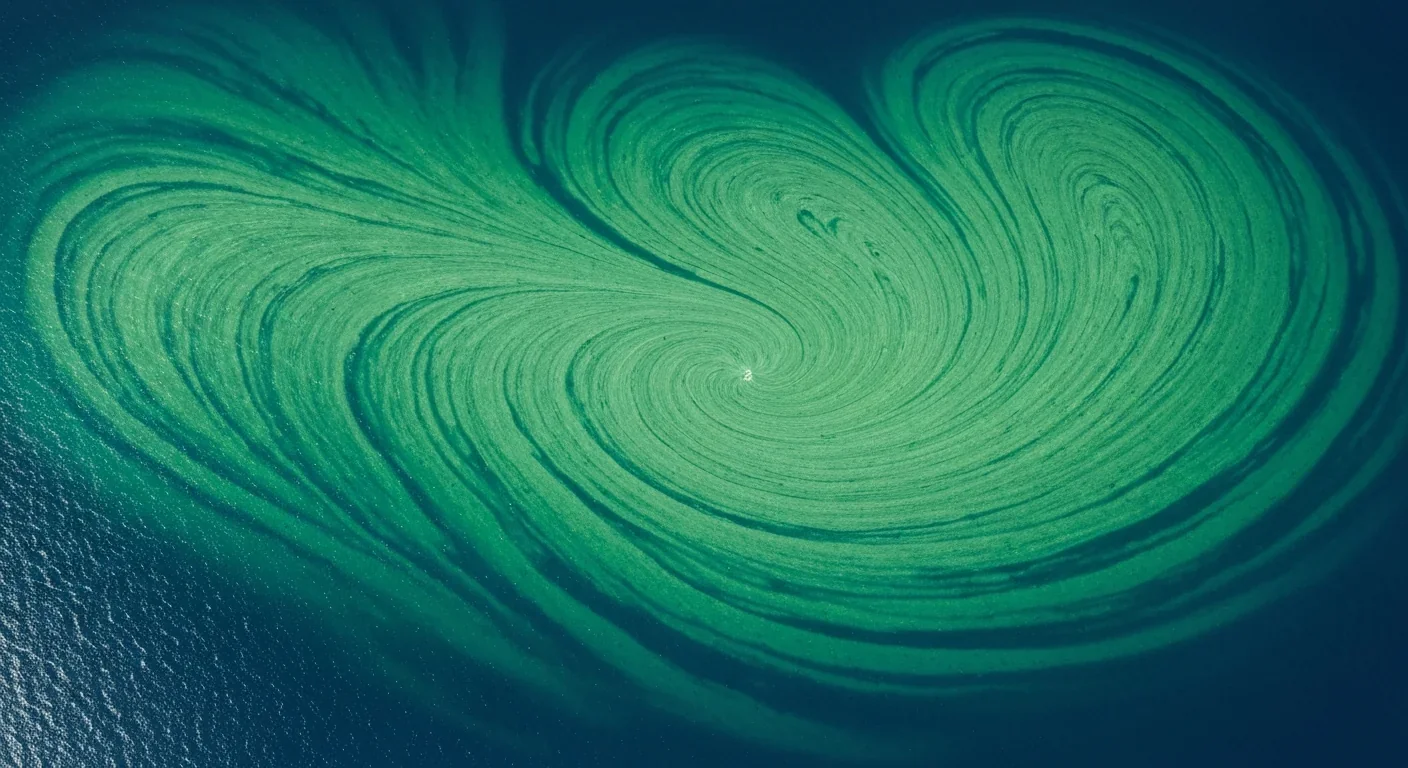 Aerial view of a vivid green phytoplankton bloom swirling across turquoise ocean waters