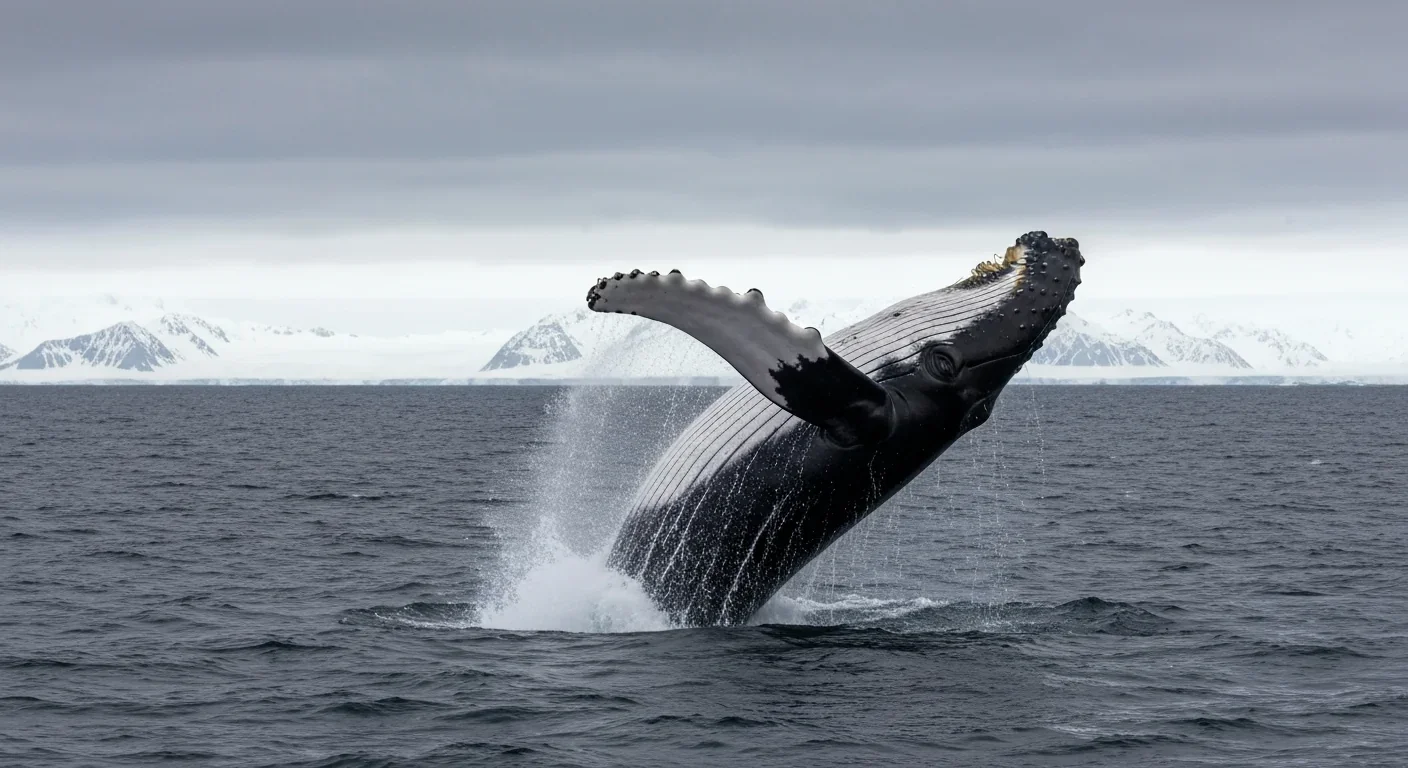 A humpback whale breaches out of dark polar waters with snow-capped mountains visible in the background