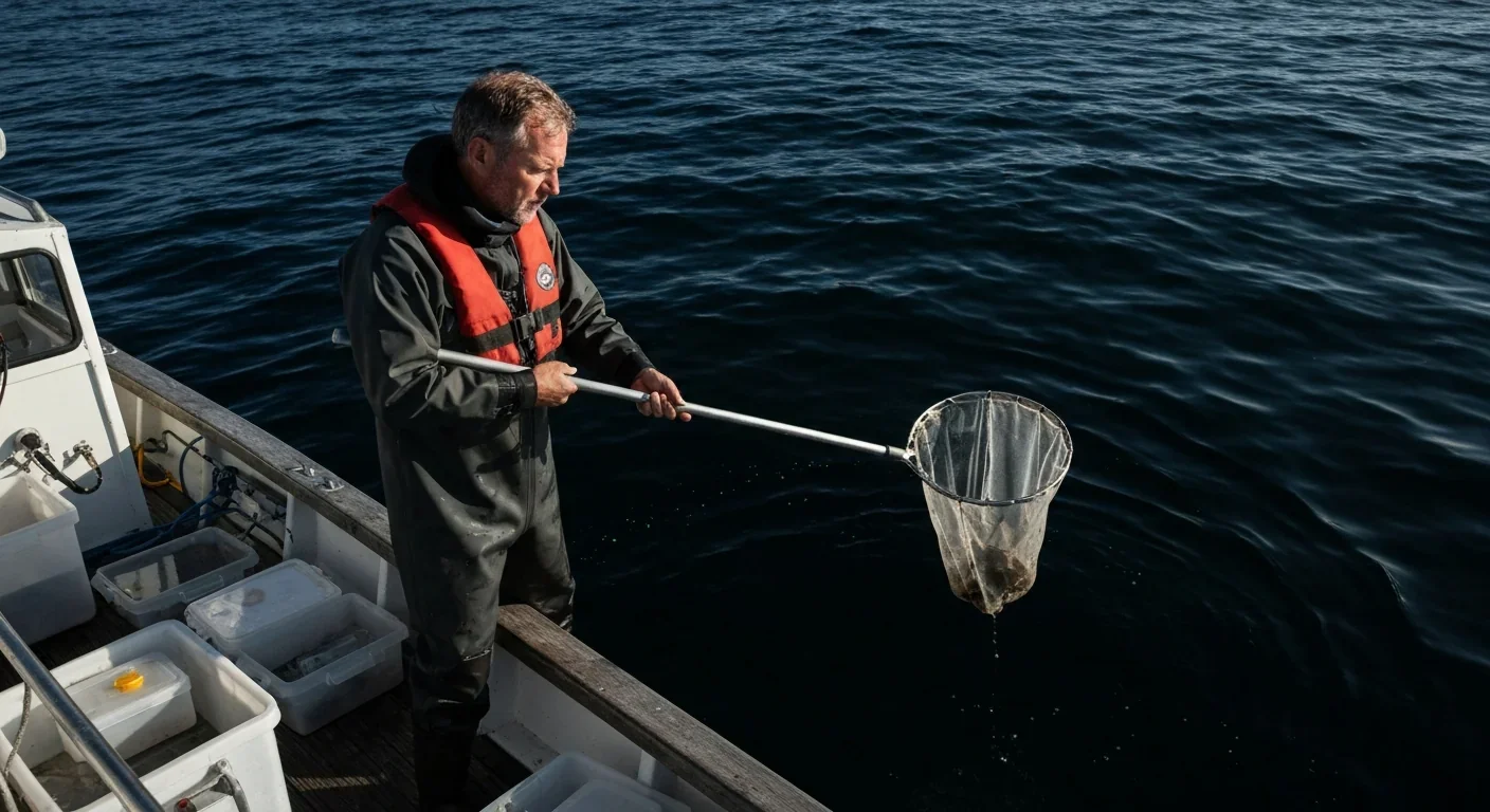 A marine biologist on a research boat uses a collection net to sample whale feces from the ocean surface
