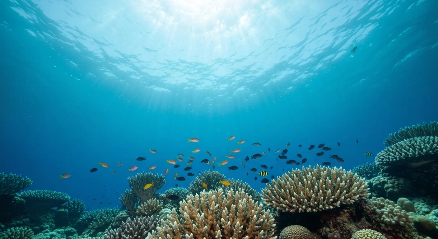 Vibrant coral reef with schools of colorful fish in clear tropical waters illuminated by sunlight from above