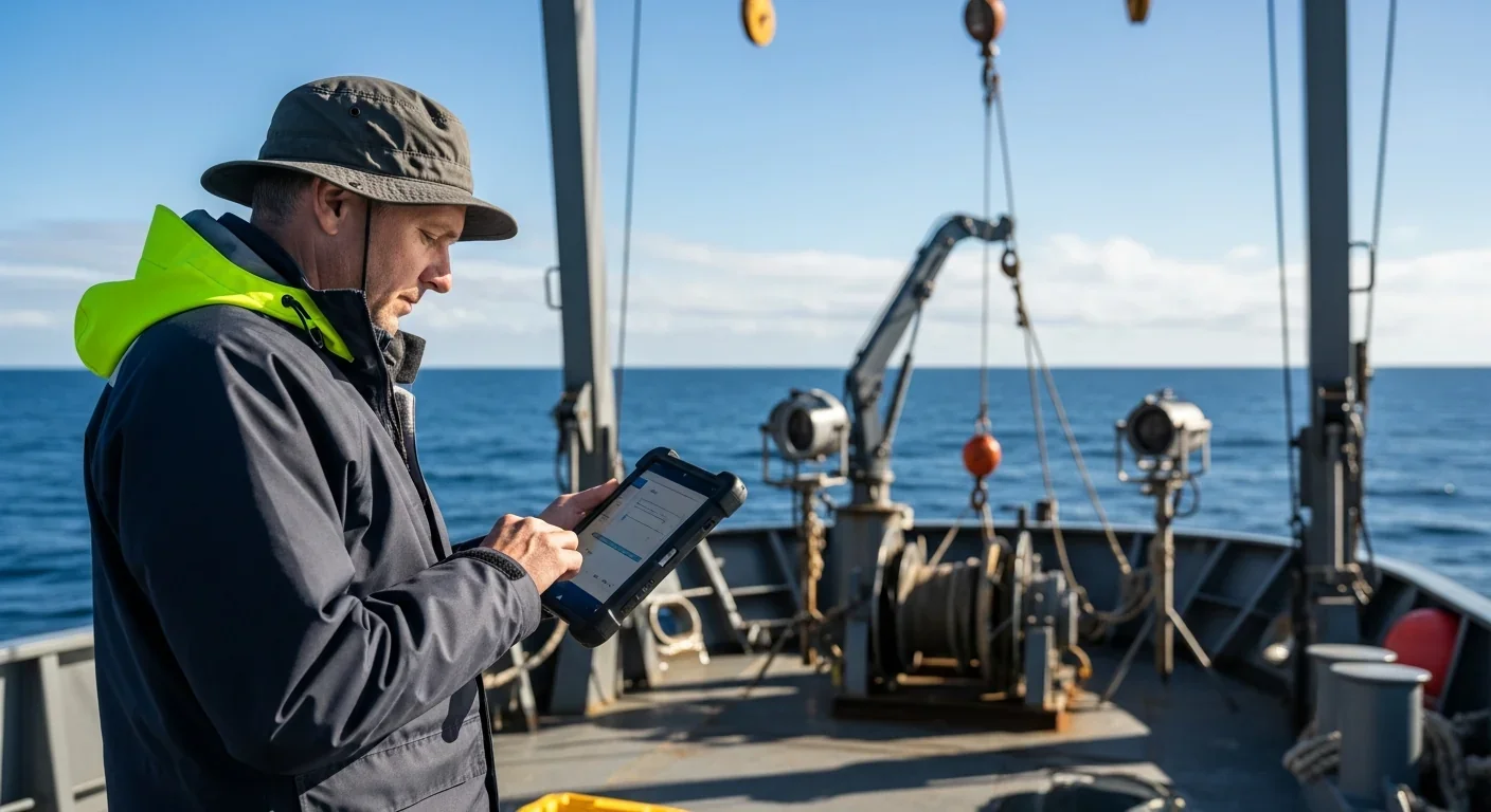 Marine researcher analyzing whale population data on ocean research vessel