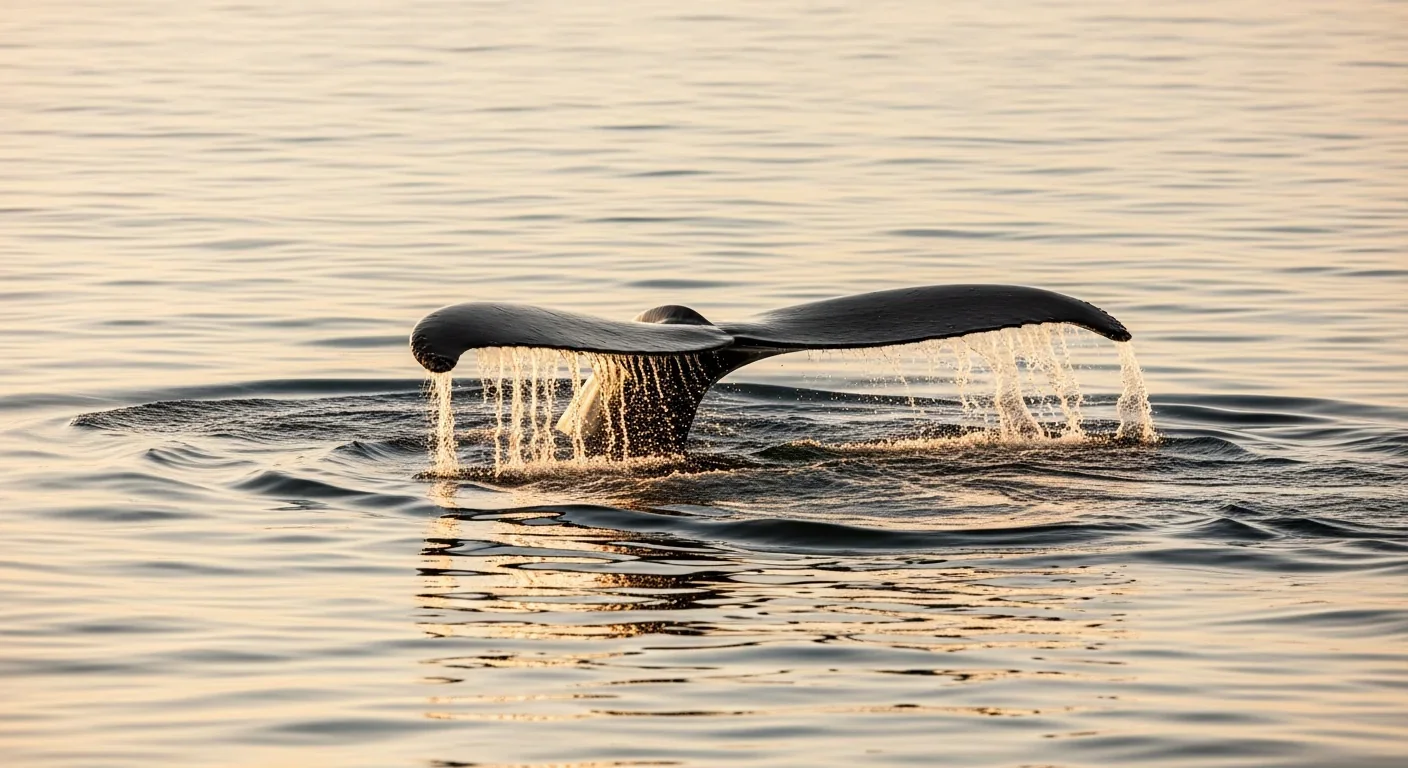 Whale tail descending beneath ocean surface during deep dive