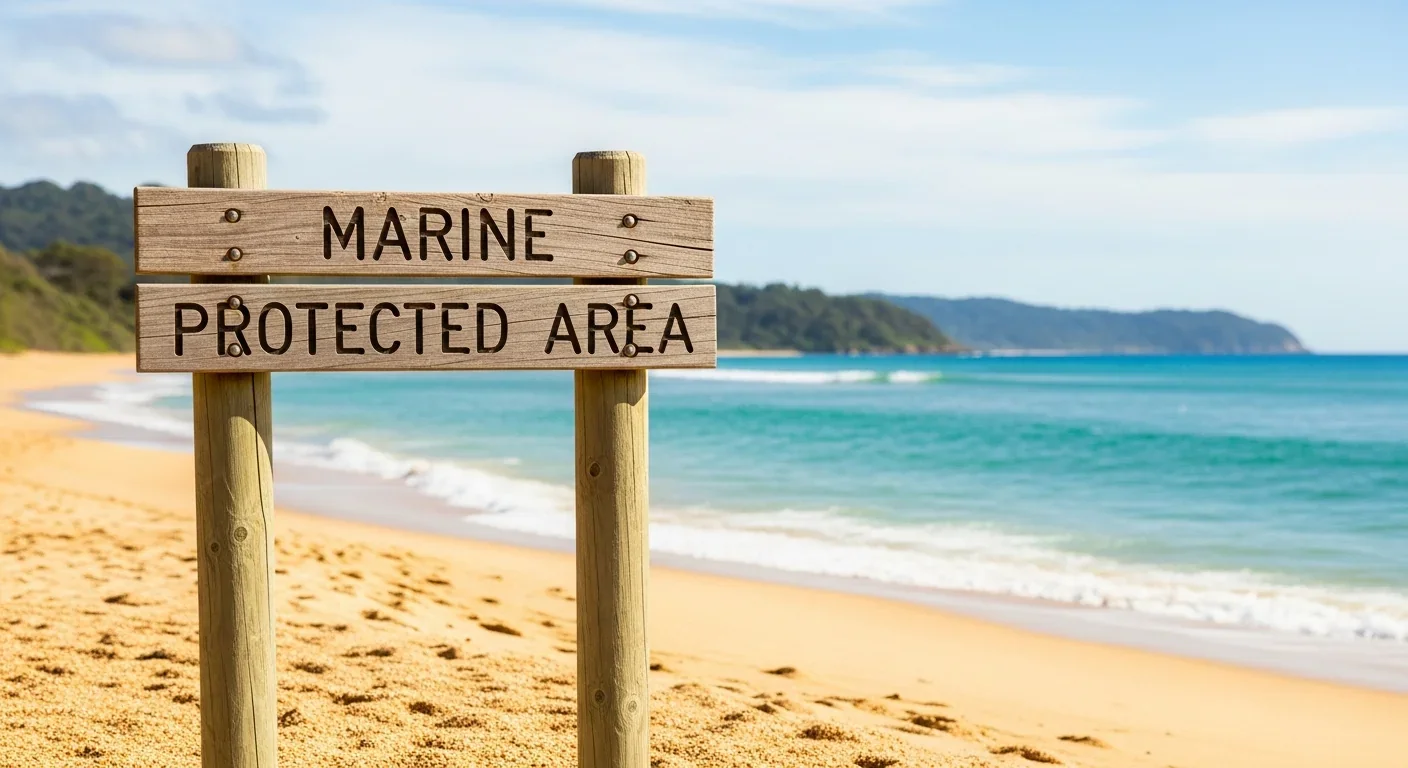 Marine protected area signage at coastal conservation zone