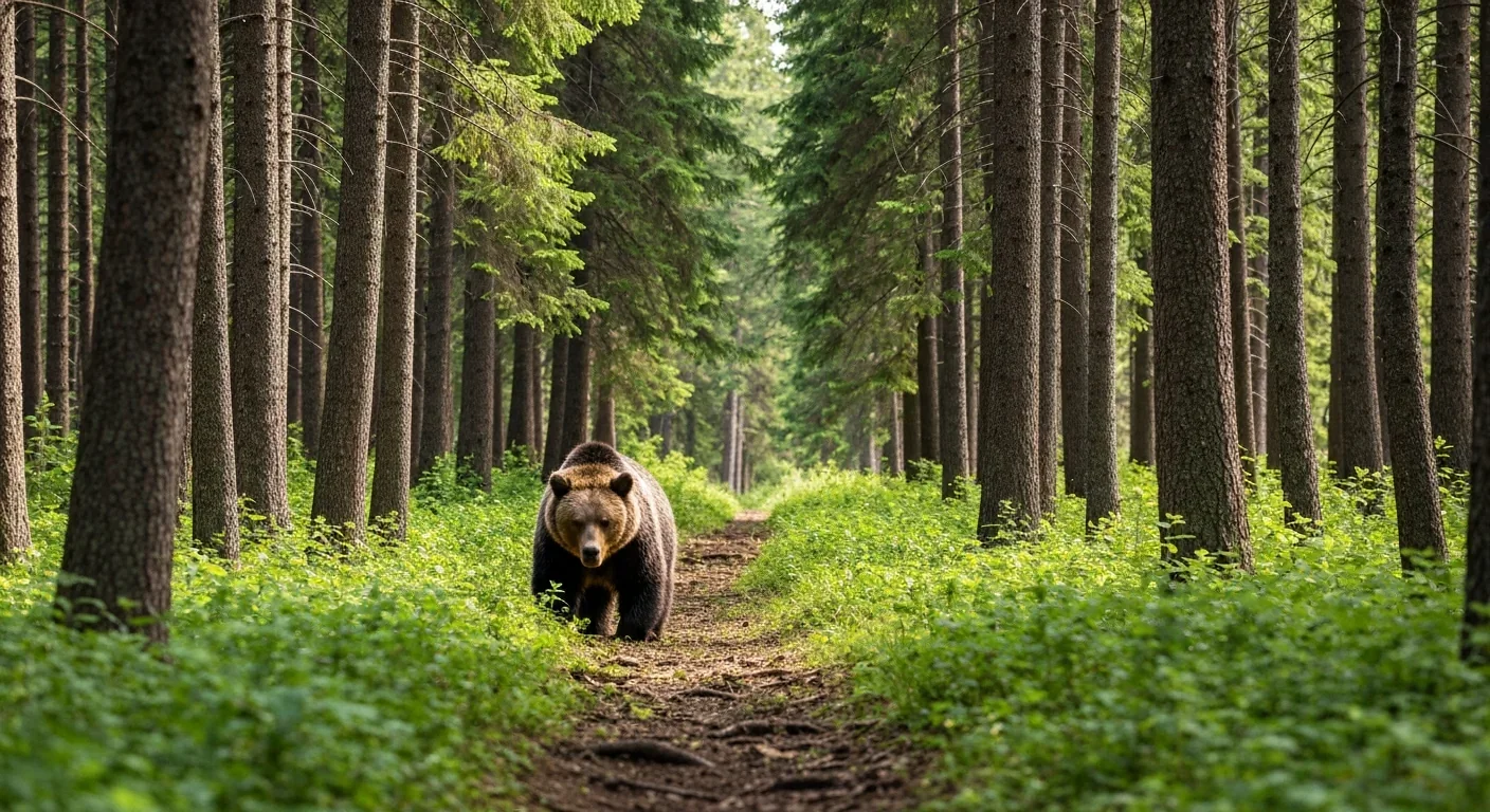Grizzly bear moving through protected forest corridor with dense vegetation