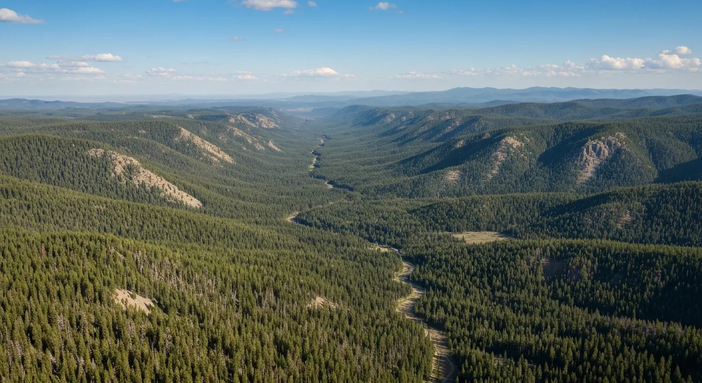 Aerial view of Yellowstone wilderness showing extensive forested valleys and mountain ranges