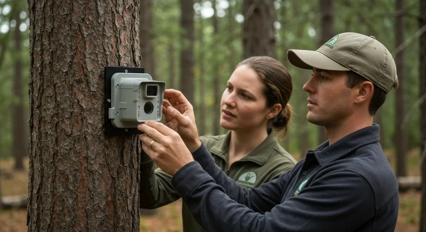 Conservation researchers examining trail camera equipment for wildlife monitoring in forest