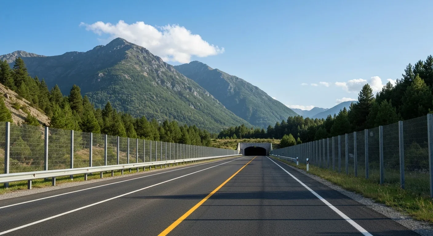 Highway with wildlife fencing system guiding animals toward safe underpass crossing
