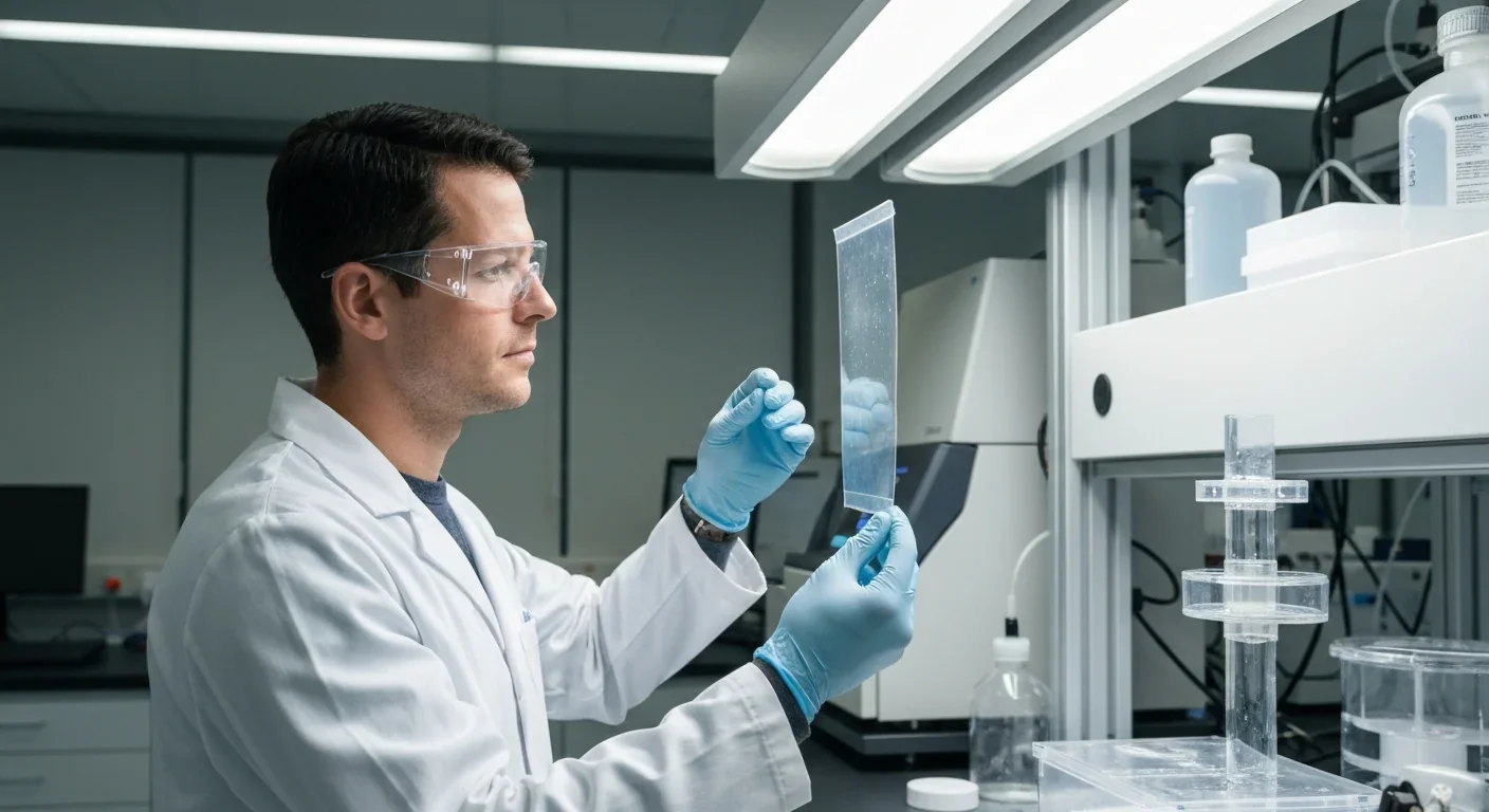 Scientist examining transparent cellulose battery membrane in research lab