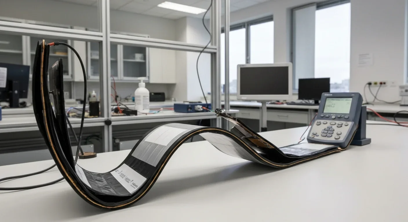 Flexible cellulose-based battery prototype being bent in laboratory demonstration