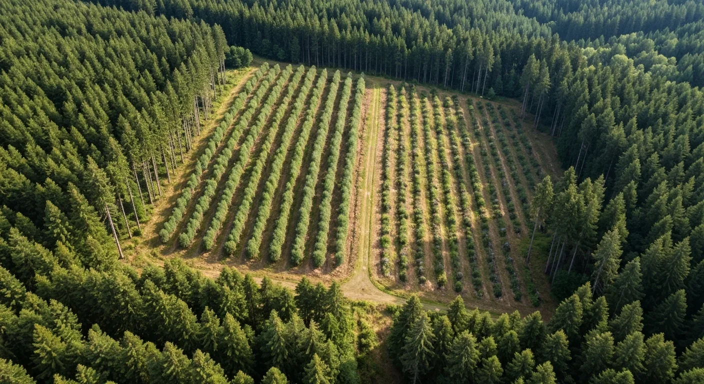 Aerial view of sustainably managed forest with mixed-age timber growth